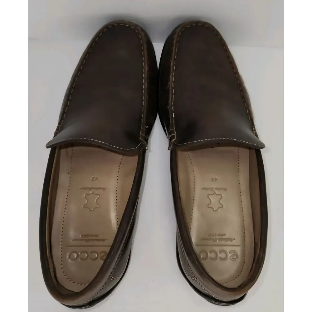 Ecco Leather Driving Slip On Classic Moc Loafer Mens 9 Brown Dress Shoe
